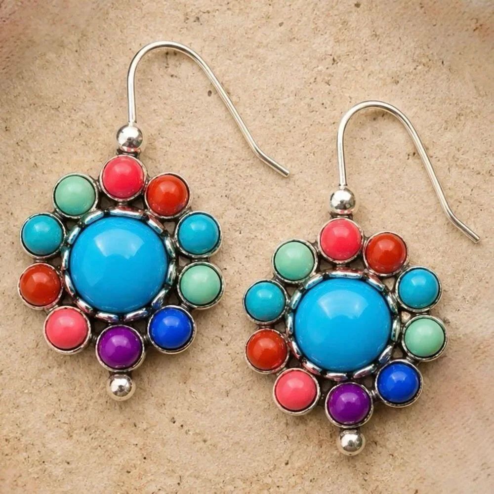 Color Burst Flower Power Earrings Retro Floral Boho Drops